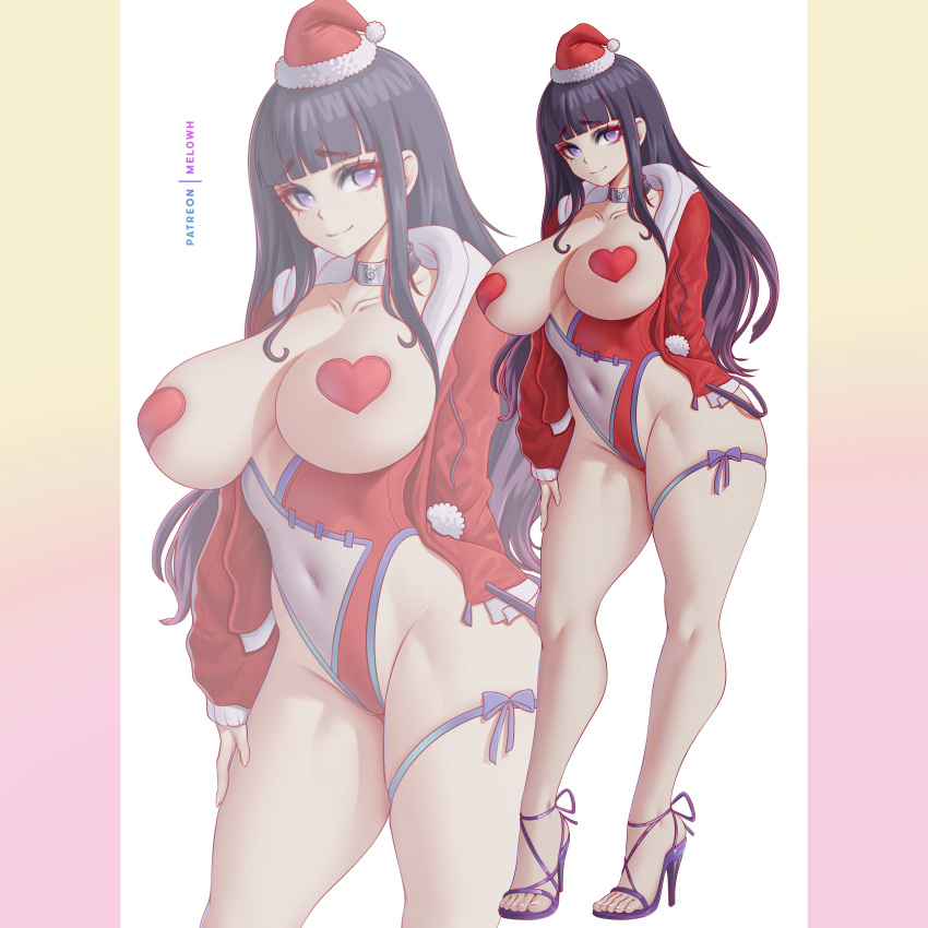 1girl absurdres alternate_breast_size black_hair blunt_bangs breasts christmas closed_mouth covered_navel full_body grey_choker hat heart_pasties high_heels highres hyuuga_hinata large_breasts long_hair looking_at_viewer melowh naruto_(series) naruto_shippuuden pasties patreon_username purple_eyes purple_footwear red_headwear santa_hat shoes smile standing thighs toes white_background zoom_layer