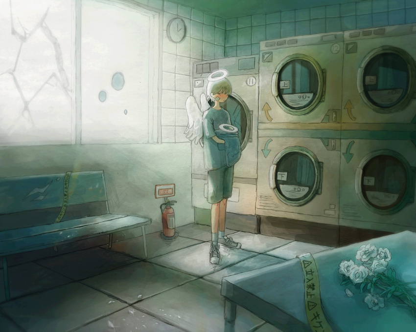 1boy angel arrow_(symbol) bench blonde_hair blue_shirt bouquet caution_tape clock closed_mouth commentary_request crack cracked_glass fire_extinguisher grey_shorts halo highres holding holding_clothes indoors kojima_midoriko laundromat male_focus original shirt shoes short_hair shorts sneakers solo standing sunlight table tile_floor tile_wall tiles wall_clock washing_machine white_halo white_wings wide_shot window wings