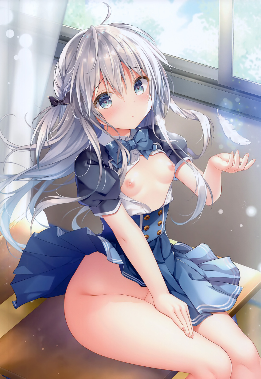 1girl absurdres ahoge bare_legs blue_bow blue_bowtie blue_eyes blue_skirt blurry blurry_background blush bow bowtie breasts classroom closed_mouth clothes_lift collared_shirt desk dress feathers hand_up high-waist_skirt highres indoors kino_(kino_konomi) lens_flare light_particles long_hair looking_at_viewer nipples no_panties non-web_source on_desk open_clothes open_shirt original panties pantyshot pleated_skirt puffy_short_sleeves puffy_sleeves school_desk school_uniform shirt short_sleeves sitting skirt skirt_lift small_breasts solo thighs underbust underwear white_feathers white_hair wind wind_lift window