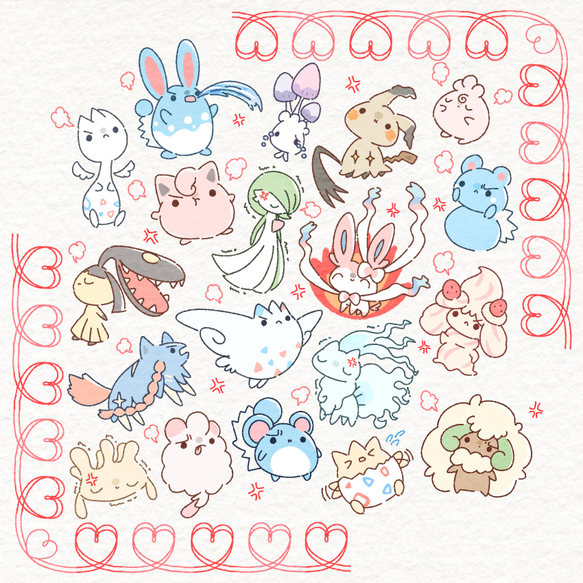 &gt;_&lt; +_+ ._. :i :t afterimage alcremie alcremie_(strawberry_sweet) alcremie_(vanilla_cream) alolan_ninetales anger_vein angry annoyed azumarill azurill black_eyes black_hair black_skin blank_eyes bob_cut border chibi closed_eyes closed_mouth colored_skin commentary crying extra_mouth false_smile fire flat_chest full_body gardevoir green_hair green_skin grey_background hair_over_one_eye heart highres igglybuff jigglypuff marill mawile milcery mimikyu morelull motion_lines multicolored_skin one_eye_covered open_mouth ototo_(otokameseimen) pokemon pokemon_(creature) pout profile puff_of_air red_border sharp_teeth short_hair smile squirting_liquid standing swirlix sylveon tears teeth togekiss togepi togetic tongue tongue_out trembling two-tone_skin u_u v-shaped_eyebrows water waving_arms whimsicott white_skin yellow_skin zacian