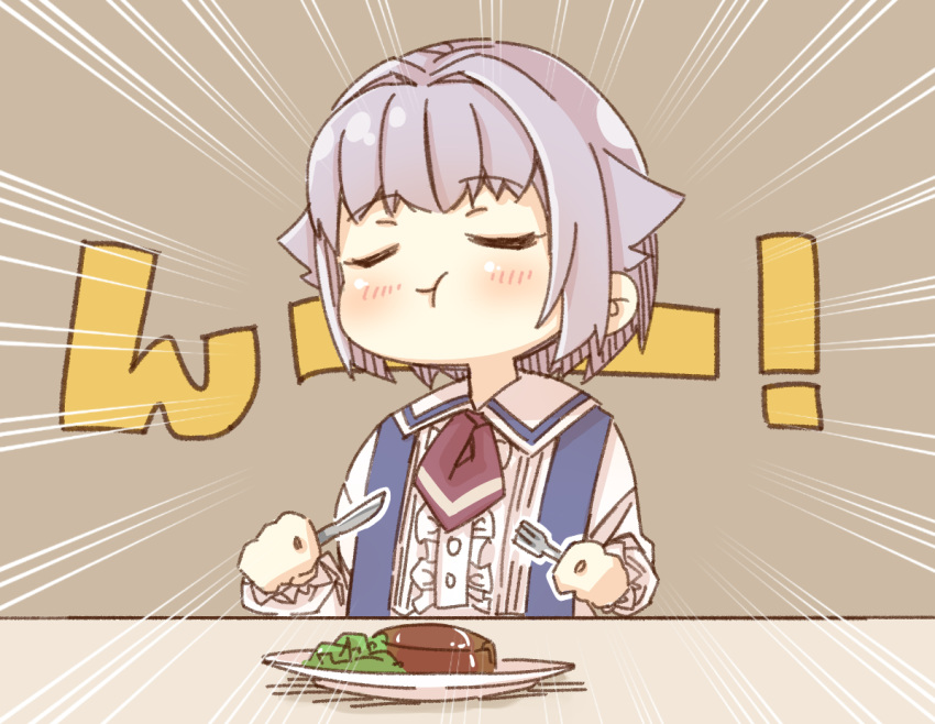 1girl blush brown_background center_frills closed_eyes closed_mouth collared_shirt commentary eating emphasis_lines facing_viewer food fork frilled_sleeves frills grey_hair hair_flaps hair_intakes holding holding_fork holding_knife idolmaster idolmaster_cinderella_girls idolmaster_cinderella_girls_starlight_stage knife koshimizu_sachiko long_sleeves plate puffy_long_sleeves puffy_sleeves shirt simple_background solo suspenders translated upper_body white_shirt yukie_(kusaka_shi)