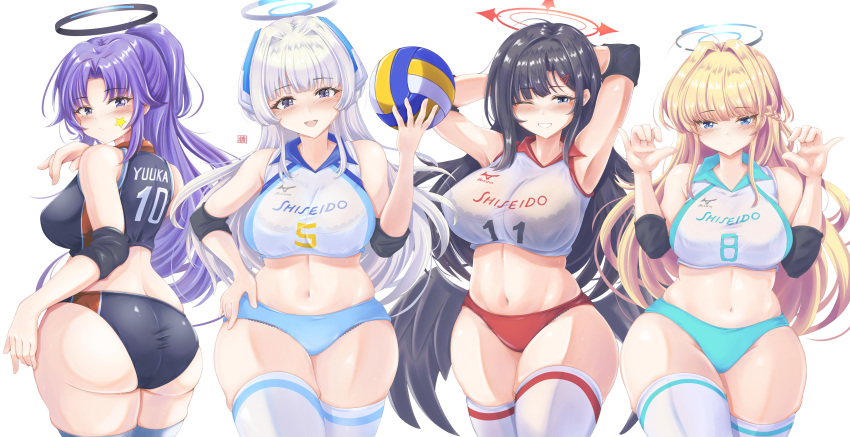 4girls absurdres arms_behind_head arms_up ball basketball_(object) basketball_jersey basketball_uniform black_buruma black_hair black_shirt black_thighhighs blonde_hair blue_archive blue_buruma blue_eyes breasts buruma cropped_shirt hair_ornament hairpin hand_on_own_hip highres holding holding_ball ichika_(blue_archive) large_breasts long_hair looking_at_viewer multiple_girls noa_(blue_archive) ponytail purple_eyes purple_hair red_buruma shirt smile sportswear thighhighs toki_(blue_archive) tong_shui white_background white_hair white_shirt white_thighhighs yuuka_(blue_archive)