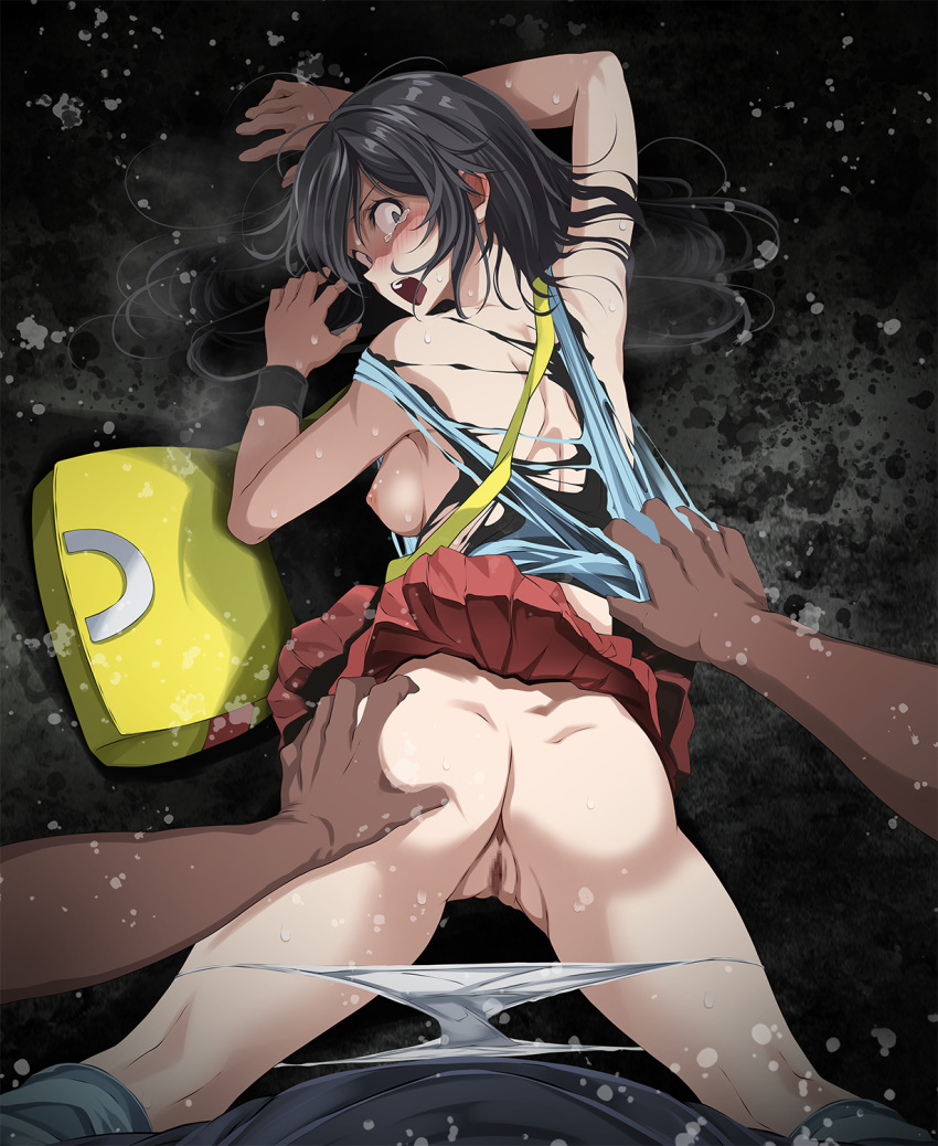 1girl ass ass_grab black_hair blue_shirt blush breasts censored clothes_lift dark-skinned_male dark_skin grey_eyes highres imminent_penetration imminent_rape imminent_vaginal leaf_(pokemon) long_hair looking_back medium_breasts messy_hair miniskirt mosaic_censoring nipples open_mouth panties panty_pull pleated_skirt pokemon pokemon_frlg pov pussy red_skirt shirt skirt skirt_lift sleeveless sleeveless_shirt straight_hair tears torn_clothes torn_shirt tsukishiro_saika underwear white_panties wristband