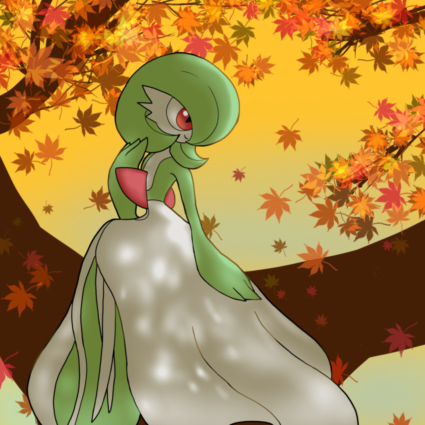 1girl arm_at_side autumn autumn_leaves bob_cut closed_mouth colored_skin commentary_request dappled_sunlight flat_chest full_body gardevoir green_skin hair_over_one_eye hand_up happy highres in_tree legs_together looking_to_the_side monya multicolored_skin one_eye_covered outdoors pokemon pokemon_(creature) red_eyes red_hair short_hair sitting smile solo sunlight tree two-tone_skin white_skin