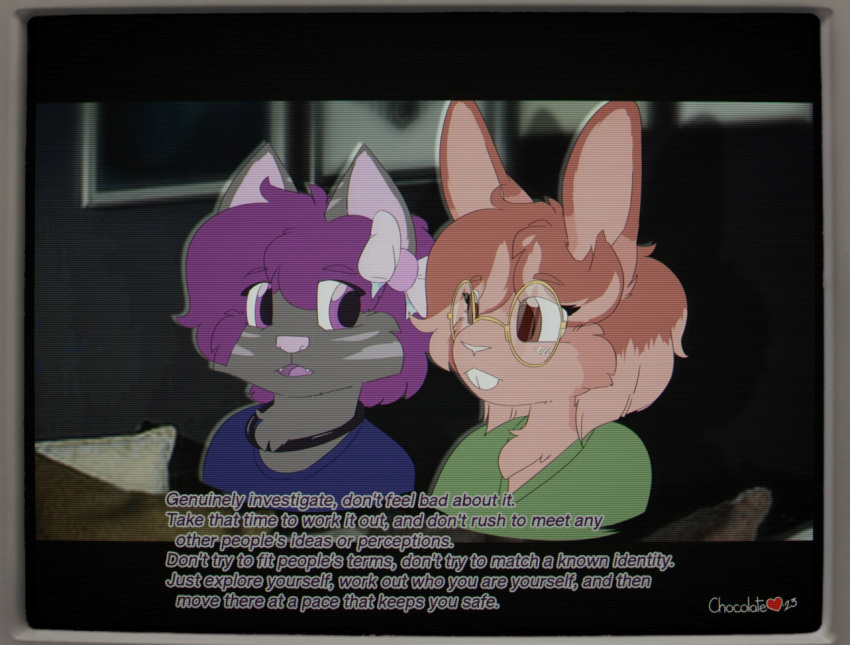 anthro brown_body brown_fur chocolatekitsune chocolatekitsune_(character) collar dialogue felid feline female female/female filtered_background friends fur lagomorph leporid mammal purple_body purple_fur rabbit slice_of_life trans_(lore) trans_woman_(lore)