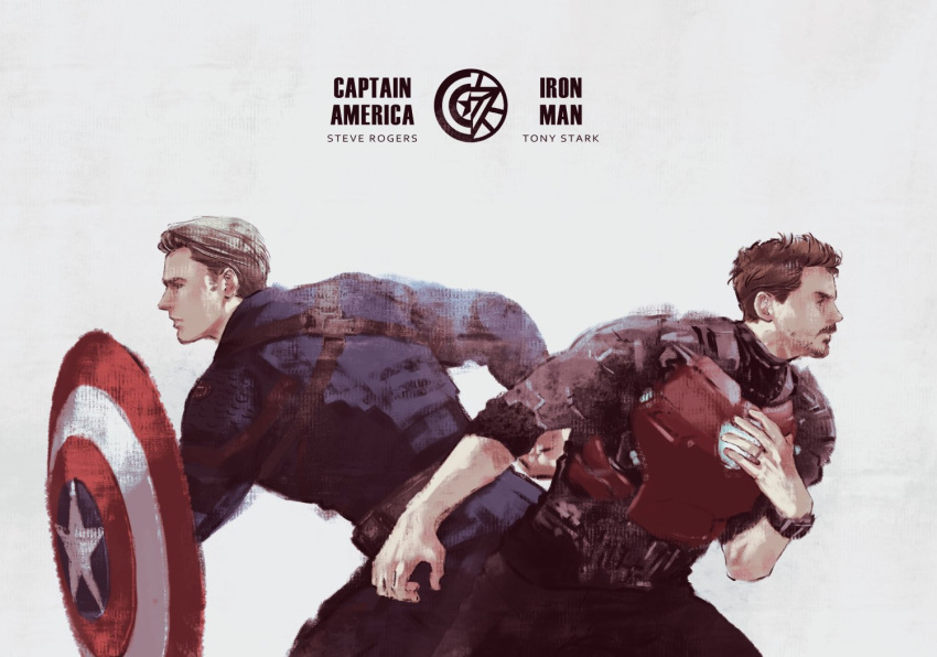 2boys arc_reactor armor avengers_(series) belt black_pants black_shirt blonde_hair blue_bodysuit blue_eyes bodysuit brown_belt brown_eyes brown_hair captain_america character_name closed_mouth commentary_request facial_hair hand_up holding holding_shield iron_man looking_to_the_side male_focus marvel marvel_cinematic_universe mochishio multiple_boys pants pocket power_armor red_armor shield shirt short_hair short_sleeves star_(symbol) steve_rogers striped superhero t-shirt tony_stark v-shaped_eyebrows watch wristwatch