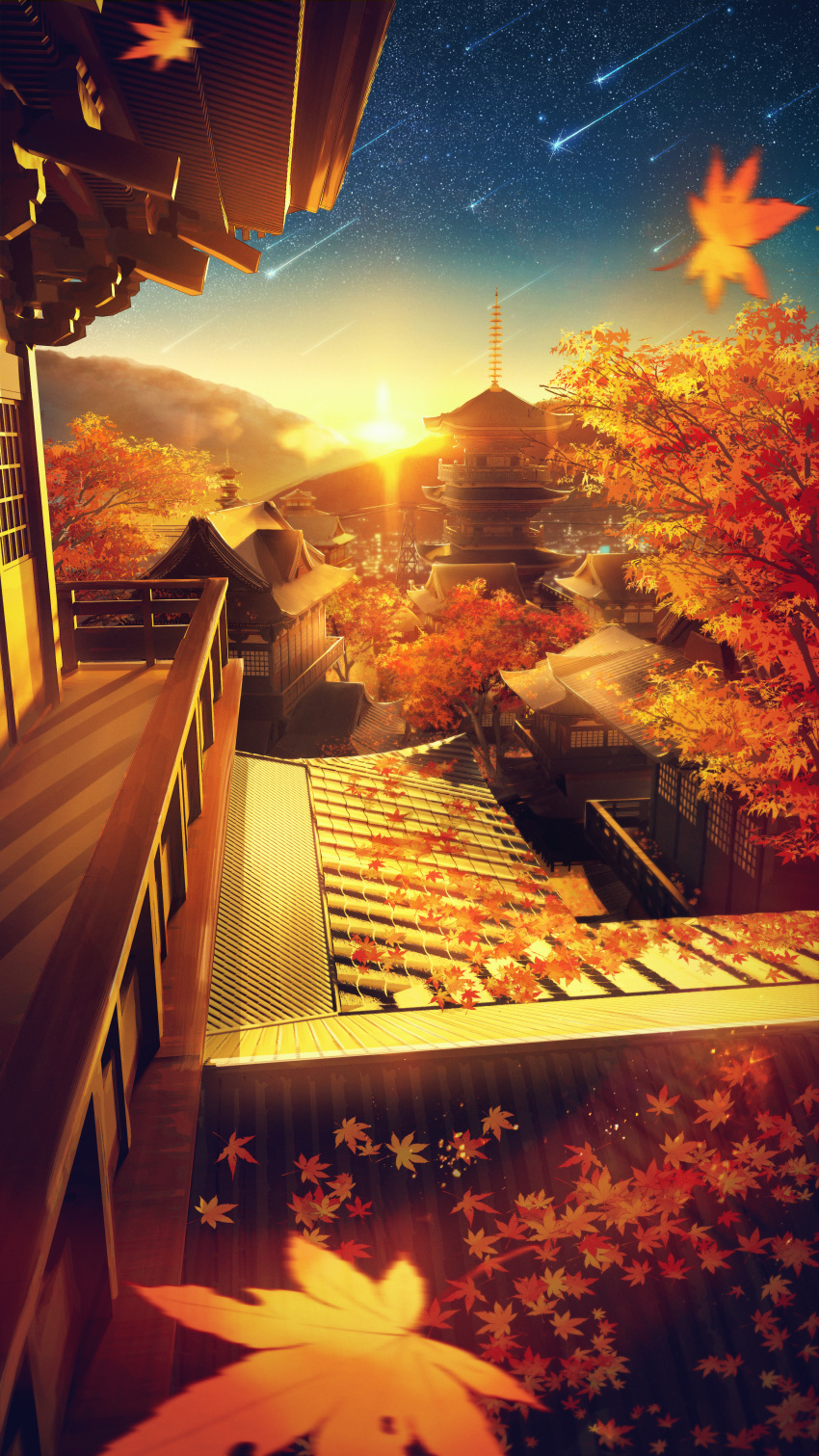 absurdres autumn autumn_leaves balcony building cloud commentary_request evening highres hoshino_mizuki_(hoshino_263f) leaf maple_leaf maple_tree meteor meteor_shower no_humans original pagoda railing scenery sky star_(sky) starry_sky sun sunset tree