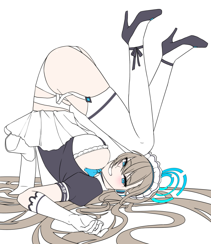 1girl absurdly_long_hair absurdres alfie_(artist) asuna_(blue_archive) black_dress black_footwear blue_archive blue_eyes bodice bow bowtie breasts brown_hair dress elbow_gloves flat_color garter_belt gloves halo high_heels highres large_breasts legs_up long_hair looking_at_another looking_to_the_side lying maid_headdress on_back open_mouth panties smile solo strappy_heels thighhighs underwear very_long_hair white_gloves white_panties white_thighhighs