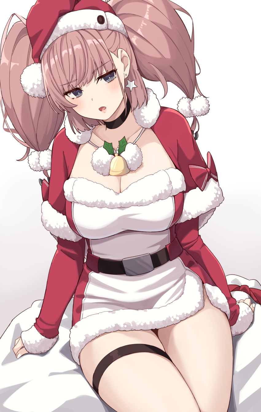 1girl absurdres atlanta_(kancolle) breasts cleavage cleavage_cutout clothing_cutout cowboy_shot earrings hat highres jewelry kantai_collection kapatarou official_alternate_costume santa_costume santa_hat sitting solo star_(symbol) star_earrings thigh_strap two_side_up