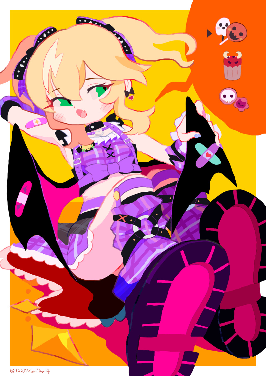 1girl absurdres arm_behind_head bandaid bandaid_on_arm black_choker black_wings blonde_hair border bow breasts candy choker cropped_shirt demon_tail demon_wings earrings fang food green_eyes hair_between_eyes highres idolmaster idolmaster_cinderella_girls jewelry leaning_back leg_warmers long_hair looking_to_the_side nail_polish noniha open_mouth plaid plaid_skirt purple_bow purple_shirt purple_skirt sakurai_momoka shirt shoe_soles sitting skin_fang skirt small_breasts solo speech_bubble tail two_side_up white_border wings