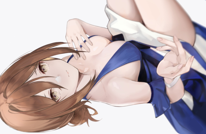 1girl absurdres bare_shoulders blue_dress breasts brown_eyes brown_hair cleavage dress evening_gown girls'_frontline highres legs_up looking_at_viewer lying off-shoulder_dress off_shoulder official_alternate_costume on_back springfield_(girls'_frontline) springfield_(queen_in_radiance)_(girls'_frontline) white_background xuegao_ice