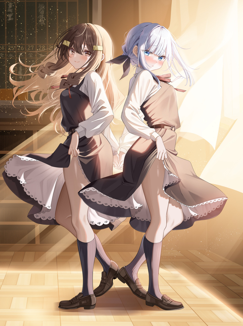 2girls belt black_belt black_dress black_ribbon black_socks blue_eyes blunt_bangs blush breasts brown_eyes brown_footwear brown_hair classroom clothes_lift commission dress dress_lift full_body grey_hair hair_between_eyes hair_ornament hair_ribbon highres kneehighs long_hair multiple_girls original pinafore_dress piyopoyo red_ribbon ribbon school_uniform shadow shirt skeb_commission sleeveless sleeveless_dress smile socks sunset white_shirt