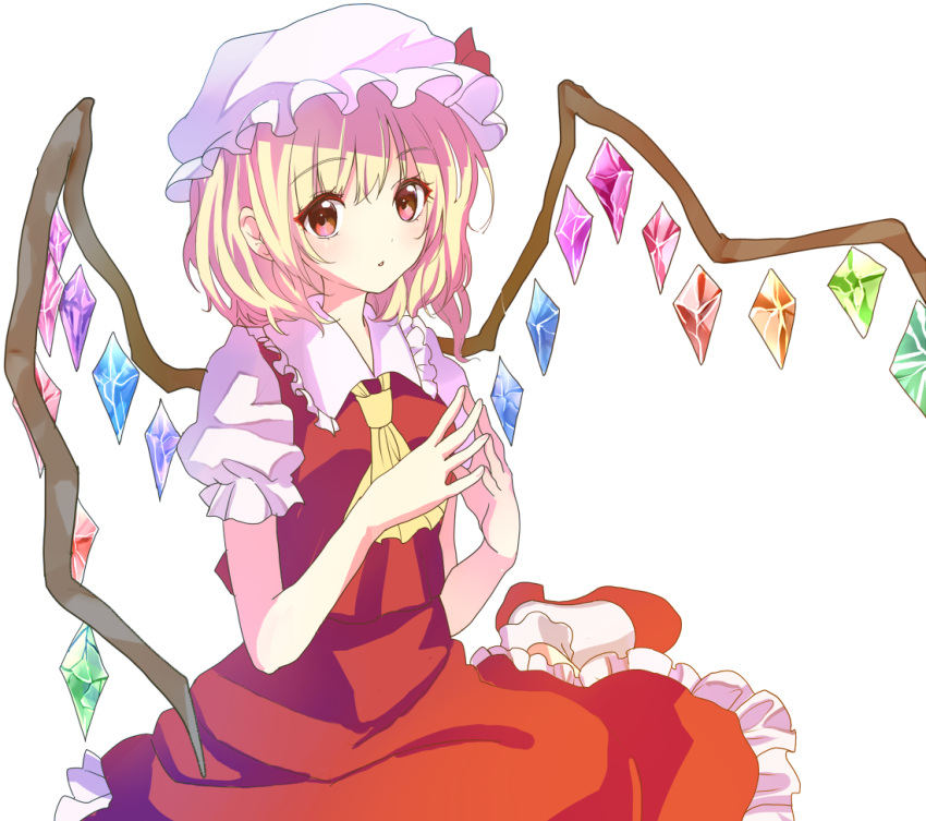 1girl ascot blonde_hair bobby_socks breasts collared_shirt crystal flandre_scarlet foot_out_of_frame frilled_shirt_collar frilled_skirt frills hat high_heels looking_at_viewer medium_hair mob_cap multicolored_wings open_mouth own_hands_together puffy_short_sleeves puffy_sleeves red_eyes red_footwear red_skirt red_vest shirt short_sleeves simple_background sitting skirt small_breasts socks solo steepled_fingers touhou vest white_background white_headwear white_shirt white_socks wings yellow_ascot yoshioka_pochi