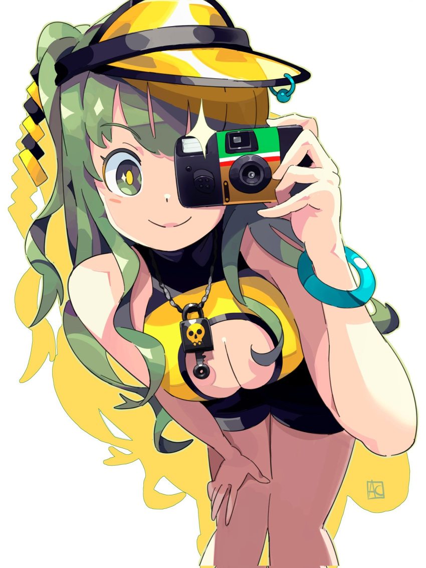 1girl andrewcockroach bracelet breasts camera closed_mouth eyelashes green_eyes green_hair highres holding holding_camera jewelry large_breasts long_hair looking_at_viewer original pov shorts sleeveless smile solo thighs twintails two_side_up visor_cap