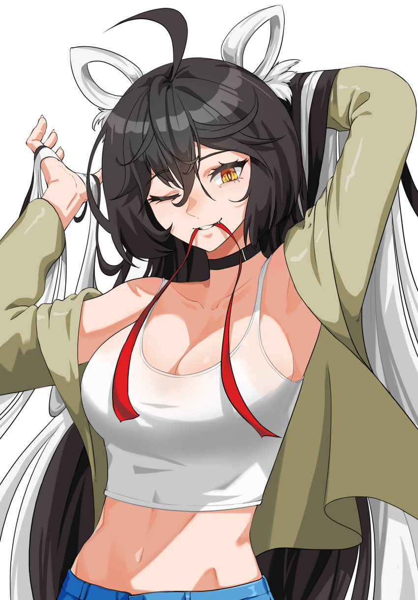 1girl absurdres ahoge alfie_(artist) alternate_costume ara_haan arm_up armpits black_hair breasts character_request check_character choker cleavage collarbone crop_top elsword green_jacket hand_in_own_hair hand_up highres jacket large_breasts long_sleeves looking_at_viewer midriff mouth_hold multicolored_hair navel one_eye_closed ribbon shirt simple_background solo tank_top teeth_hold two-tone_hair upper_body white_background white_hair white_shirt