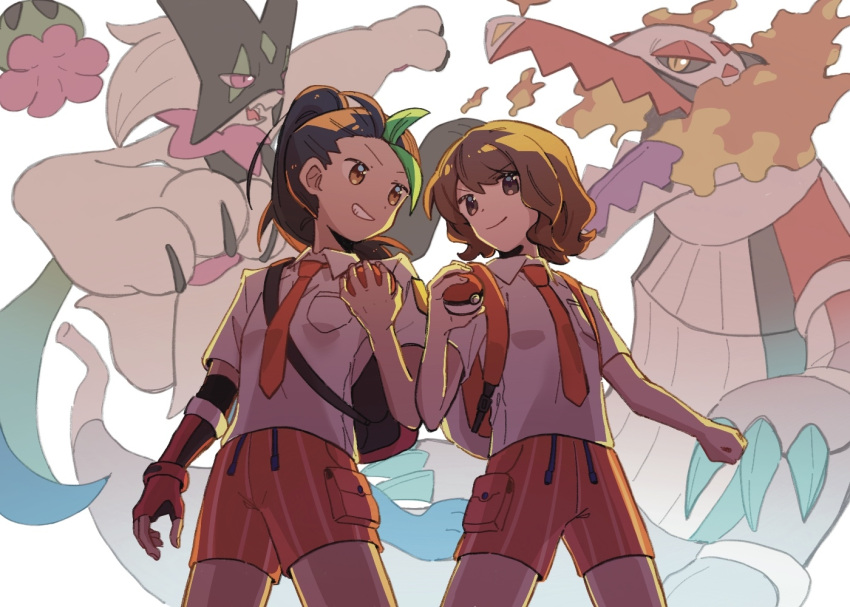 2girls anna_(pokemon) backpack bag black_hair breast_pocket brown_eyes brown_hair clenched_hand closed_mouth collared_shirt commentary_request fingerless_gloves gloves green_hair grin holding holding_poke_ball meowscarada multicolored_hair multiple_girls necktie nemona_(pokemon) orange_necktie orange_shorts pocket poke_ball poke_ball_(basic) pokemon pokemon_(creature) pokemon_sv ponytail rei931218 school_uniform shirt shorts single_glove skeledirge smile teeth two-tone_hair white_shirt