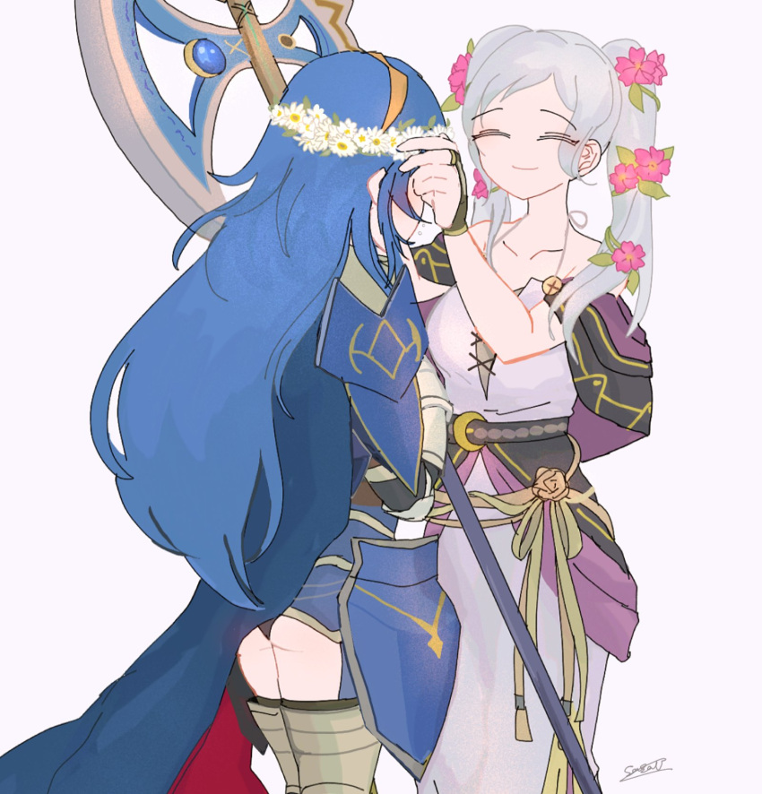 2girls armor axe blue_hair cape closed_eyes closed_mouth dress fire_emblem fire_emblem_awakening fire_emblem_heroes flower grey_hair hair_flower hair_ornament highres holding holding_axe long_hair lucina_(fate's_resolve)_(fire_emblem) lucina_(fire_emblem) multiple_girls official_alternate_costume robin_(female)_(fire_emblem) robin_(female)_(valentine)_(fire_emblem) robin_(fire_emblem) sasaki_(dkenpisss) shoulder_armor tiara twintails white_background white_dress