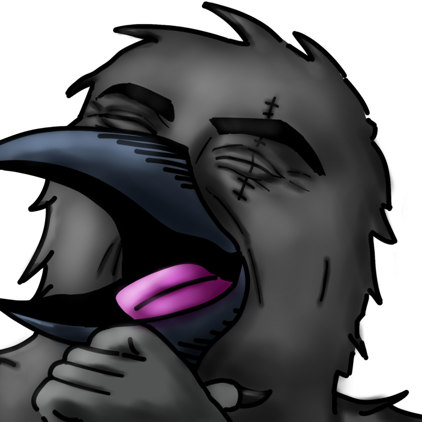 abraham_(xcoreus) anthro avian beak bird character_name corvid corvus_(genus) emote hand_on_beak happy hi_res laugh male oscine passerine raven solo tongue xcoreus