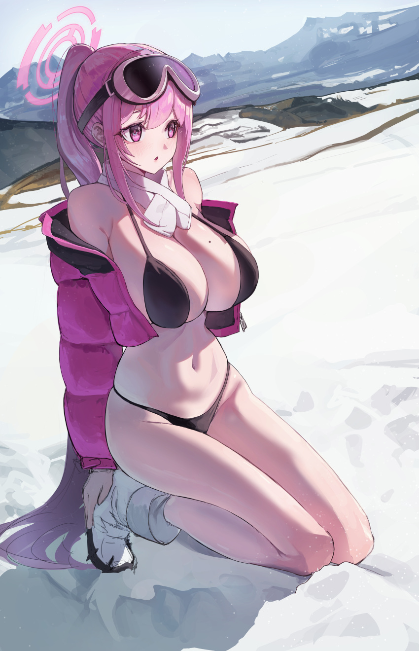 1girl absurdres apopo bikini black_bikini blue_archive blush boots breasts cleavage day eimi_(blue_archive) eimi_(swimsuit)_(blue_archive) full_body goggles goggles_on_head hair_between_eyes halo highres jacket large_breasts long_hair long_sleeves mole mole_on_breast navel open_clothes open_jacket outdoors parted_lips pink_eyes pink_hair pink_halo pink_jacket ponytail solo swimsuit very_long_hair white_footwear