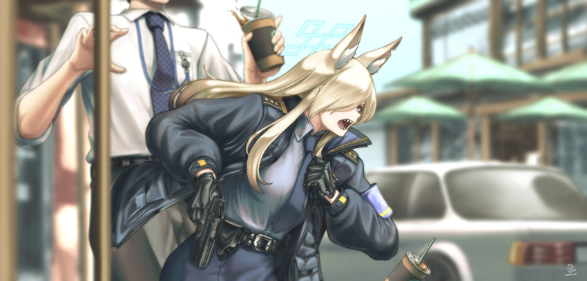 1boy 1girl absurdres animal_ears armband belt black_belt black_gloves black_pants blonde_hair blue_archive blue_armband blue_eyes blue_halo blue_jacket blue_necktie blue_skirt blurry blurry_background breasts car collared_shirt cup glock gloves gun hair_over_one_eye halo handgun hands_up head_out_of_frame high_collar highres holding holding_cup holding_weapon holster jacket kanna_(blue_archive) large_breasts long_hair long_sleeves looking_ahead massabou2 motor_vehicle necktie open_mouth outdoors pants sensei_(blue_archive) sharp_teeth shirt shirt_tucked_in skirt solo_focus teeth trigger_discipline upper_body weapon white_shirt