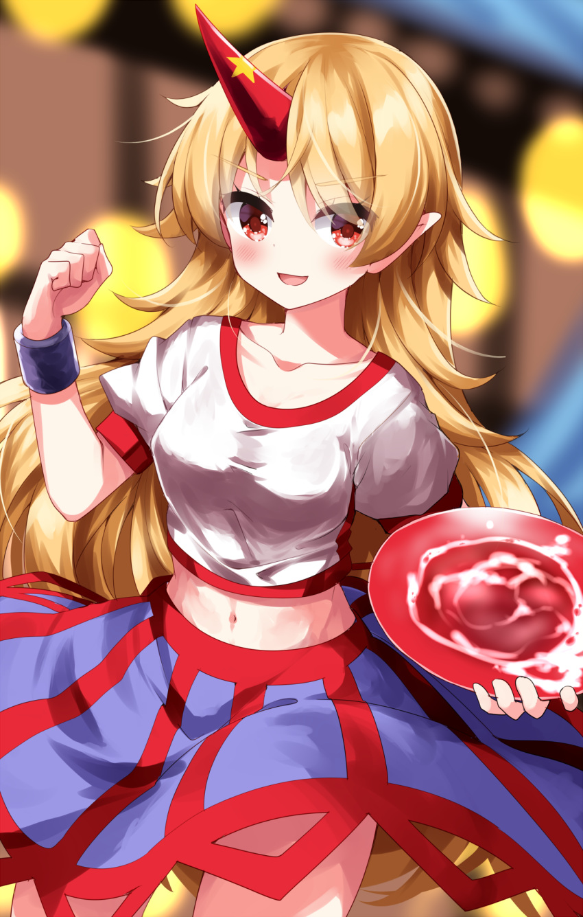 1girl :d alcohol blonde_hair blue_skirt blurry blurry_background blush breasts collarbone commentary_request cup highres holding holding_cup horns hoshiguma_yuugi long_hair looking_at_viewer navel oni_horns open_mouth red_eyes red_horns ruu_(tksymkw) sakazuki shirt single_horn skirt smile solo star_(symbol) star_print touhou white_shirt