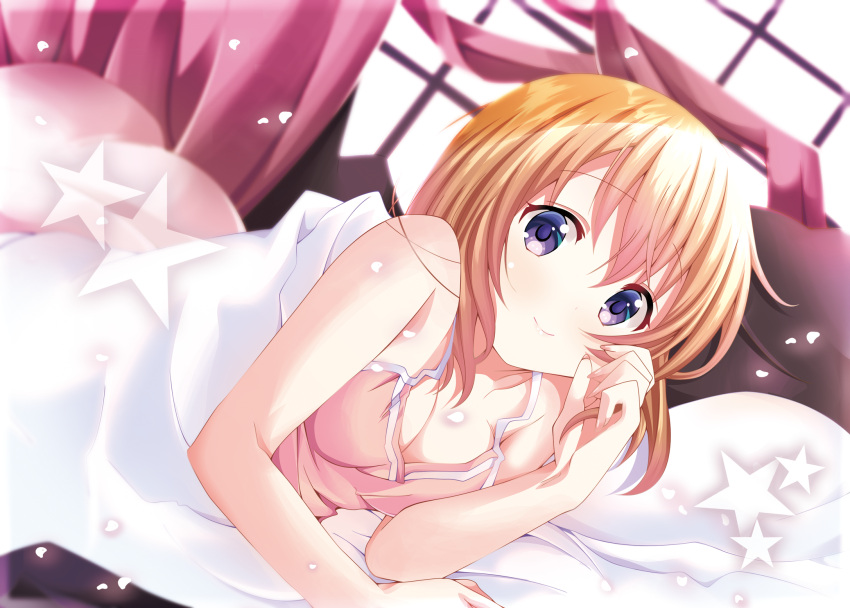 1girl bare_arms bed_sheet blonde_hair blurry blurry_background breasts cleavage closed_mouth collarbone dutch_angle gochuumon_wa_usagi_desu_ka? hair_between_eyes highres hoto_cocoa kohakugin long_hair looking_at_viewer lying on_side pink_shirt purple_eyes shirt sleeveless sleeveless_shirt small_breasts smile solo straight_hair under_covers