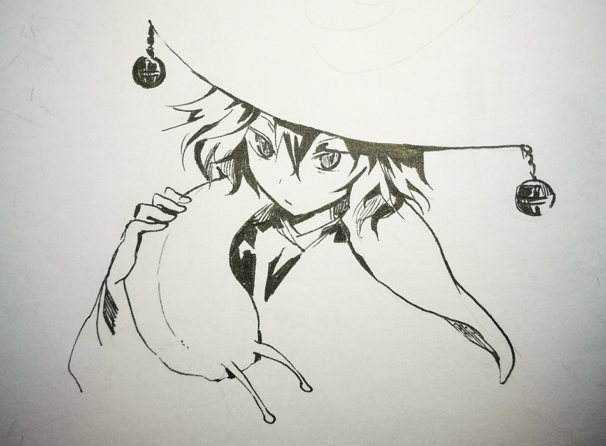 1other androgynous bell closed_mouth cocopalm expressionless greyscale hair_between_eyes hand_on_animal hat_bell high_contrast highres kesa_kujiru len'en marker_(medium) monochrome other_focus short_hair simple_background slug solo traditional_media white_background