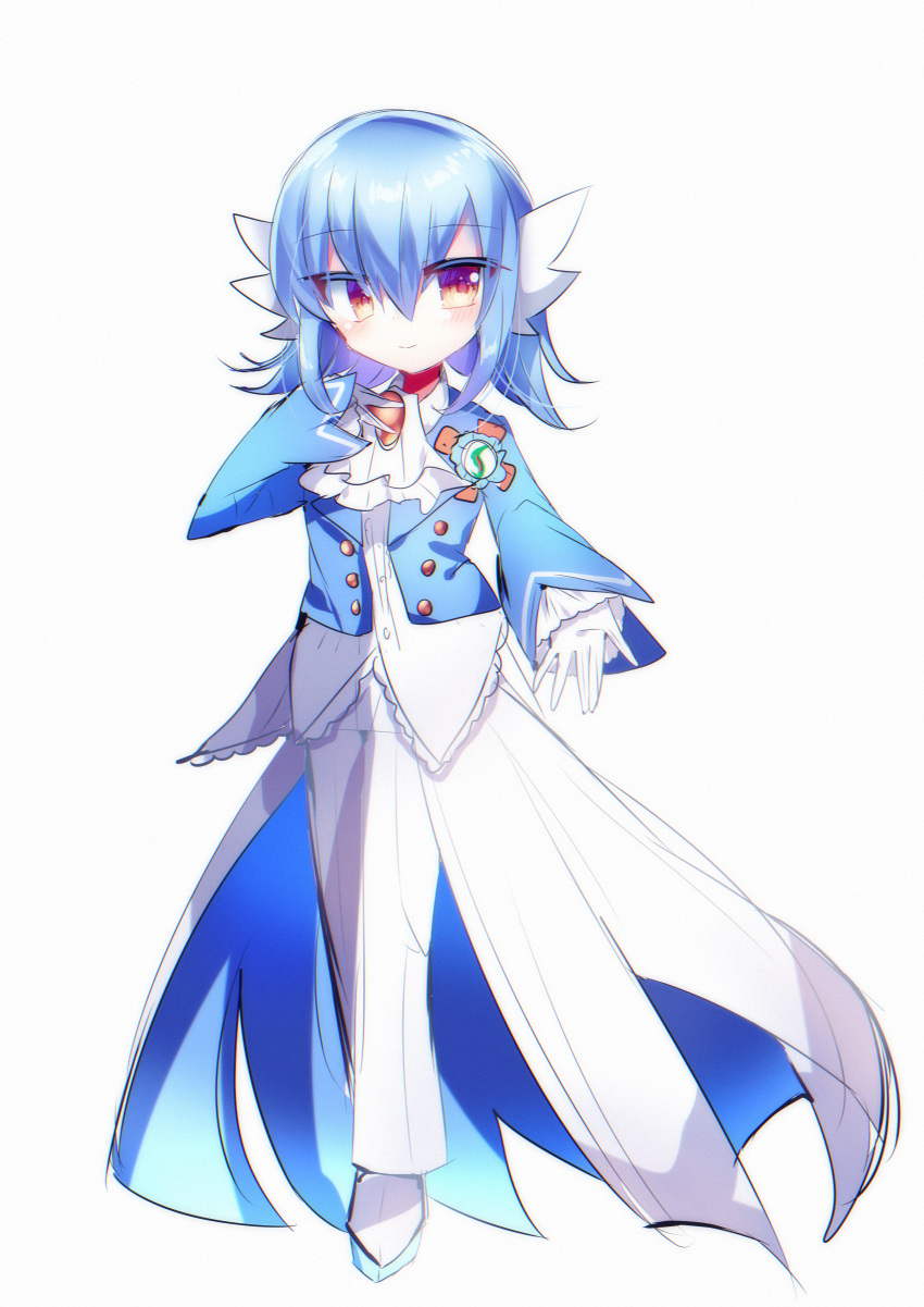 1boy absurdres alternate_color ascot blue_hair blue_jacket blush brooch chisen_maimai closed_mouth commentary_request full_body gardevoir gem gloves hair_between_eyes hand_on_own_chest hand_up happy highres humanization jacket jewelry layered_sleeves long_sleeves male_focus medium_hair mega_stone open_clothes open_jacket outstretched_arm pants pokemon reaching reaching_towards_viewer red_eyes red_gemstone shiny_pokemon shirt shoes sidelocks simple_background skirt smile solo standing white_ascot white_background white_footwear white_gloves white_pants white_shirt white_skirt