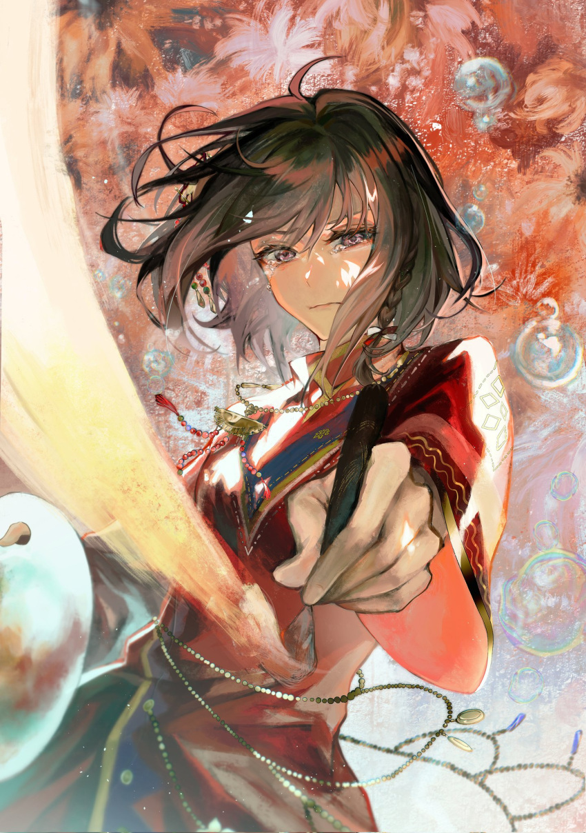 1girl braid brown_eyes bubble commentary cowboy_shot crying crying_with_eyes_open dress fallwithfall foreshortening hair_ornament highres holding holding_paintbrush holding_palette kuuhaku_no_canvas_ni_egaku_watashi_wa_(project_sekai) paintbrush painting_(medium) palette_(object) project_sekai red_dress serious shinonome_ena short_hair solo tears traditional_media