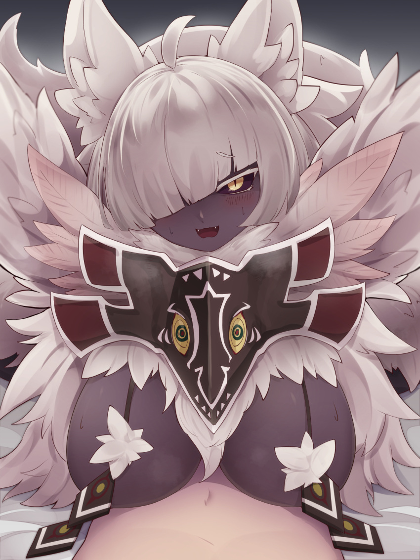 1boy 1girl animal_ears black_sclera blush body_fur breast_press breasts bunyip_(monster_girl_encyclopedia) colored_sclera colored_skin diagonal_bangs fangs fluffy highres lamia large_breasts looking_at_viewer monster_girl monster_girl_encyclopedia open_mouth smile solo_focus sweat white_hair yellow_eyes yonaga_san