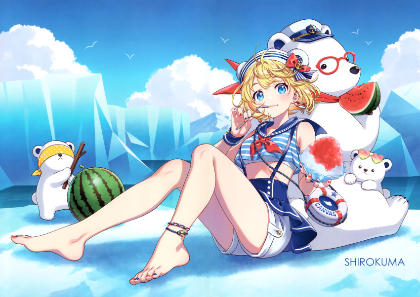 1girl absurdres anchor_symbol animal anklet barefoot bear blindfold blonde_hair blue_eyes blue_sky breasts buttons day earrings fingernails food fruit full_body glasses gradient_sky hat heart heart-shaped_eyewear highres holding holding_spoon ice jewelry lips looking_at_viewer midriff morikura_en nail_polish original outdoors peaked_cap polar_bear red-framed_eyewear ribbon sailor_collar scan shaved_ice short_hair simple_background sitting sky sleeveless small_breasts smile spoon stick striped sunglasses suspenders toenail_polish toenails toes water watermelon watermelon_slice white_fur wrist_cuffs