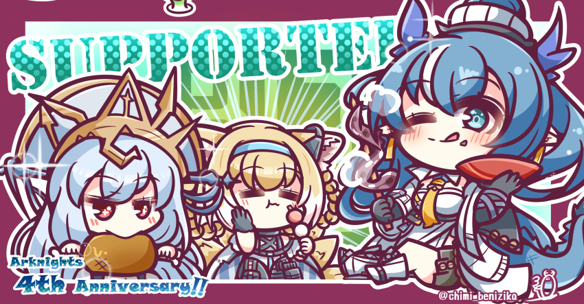 3girls :q absurdres animal_ears arknights artist_name benizika blonde_hair blue_eyes blue_hair blue_hairband blush boned_meat chibi closed_eyes closed_mouth commentary_request cup dango dragon_girl dragon_tail eating food fox_ears fox_girl fox_tail grey_hair hairband highres holding holding_skewer kitsune kyuubi ling_(arknights) meat multiple_girls multiple_tails one_eye_closed red_eyes sakazuki skadi_(arknights) skadi_the_corrupting_heart_(arknights) skadi_the_corrupting_heart_(sublimation)_(arknights) skewer suzuran_(arknights) tail tongue tongue_out twitter_username wagashi