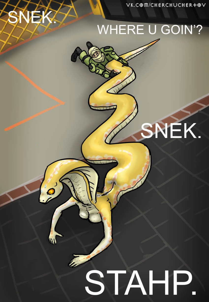 anthro bodily_fluids cobra dialogue duo face_covered female hi_res human male mammal meme reptile scalie snake snek_where_u_going_(meme) soldier sweat sweatdrop tail tail_grab text trying_to_leave uhoh unknown_artist viper_(x-com) warrior x-com