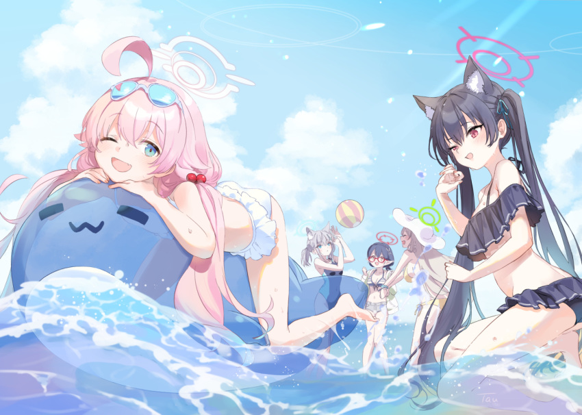 5girls animal_ear_fluff animal_ears ayane_(blue_archive) ayane_(swimsuit)_(blue_archive) ball beachball bikini black_bikini black_hair blue_archive blue_eyes blue_sky breasts cloud day eyewear_on_head fang foreclosure_task_force_(blue_archive) glasses grey_hair hair_between_eyes hair_ribbon halo hoshino_(blue_archive) hoshino_(swimsuit)_(blue_archive) inflatable_toy inflatable_whale large_breasts light_brown_hair long_hair lying medium_breasts multiple_girls nonomi_(blue_archive) nonomi_(swimsuit)_(blue_archive) on_stomach one-piece_swimsuit one_eye_closed open_mouth outdoors pink_eyes pink_hair pointy_ears red-framed_eyewear ribbon serika_(blue_archive) serika_(swimsuit)_(blue_archive) shiroko_(blue_archive) shiroko_(swimsuit)_(blue_archive) shorts sky small_breasts standing striped striped_bikini sunglasses swimsuit tautiki twintails very_long_hair water white_bikini yellow_bikini