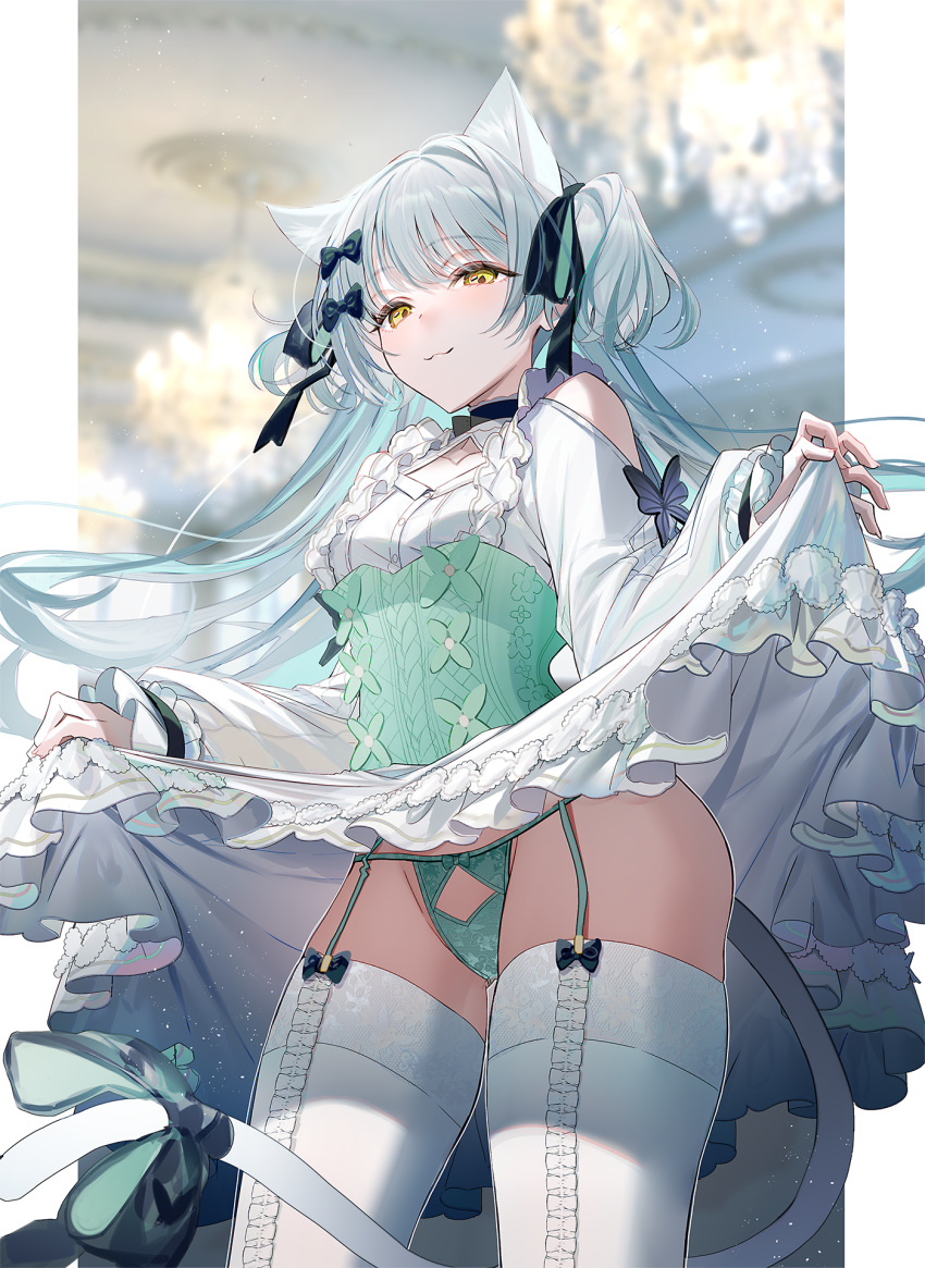 1girl :3 animal_ears black_bow black_choker blurry blurry_background bow bow_panties bra breasts cat_ears cat_girl cat_tail choker clothes_lift diamond-shaped_pupils diamond_(shape) dress dress_lift extra_ears garter_straps green_bow green_panties grey_hair hair_bow highres kawachi_rin lifted_by_self long_hair long_sleeves looking_at_viewer original panties small_breasts solo symbol-shaped_pupils tail tail_bow tail_ornament thighhighs two_side_up underwear very_long_hair white_thighhighs yellow_eyes