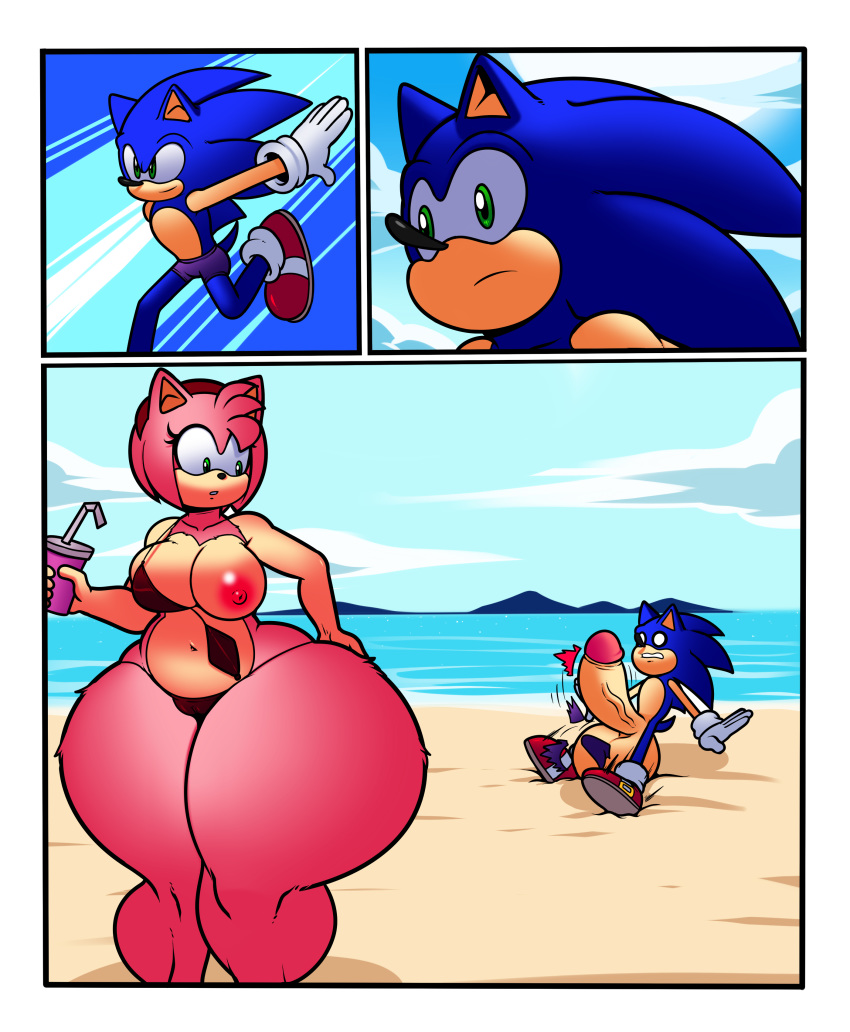 amy_rose beach big_penis clothing comic dreamcastzx1 eulipotyphlan female hedgehog huge_penis huge_thighs male mammal penis seaside smotrilla sonic_(series) sonic_the_hedgehog swimsuit