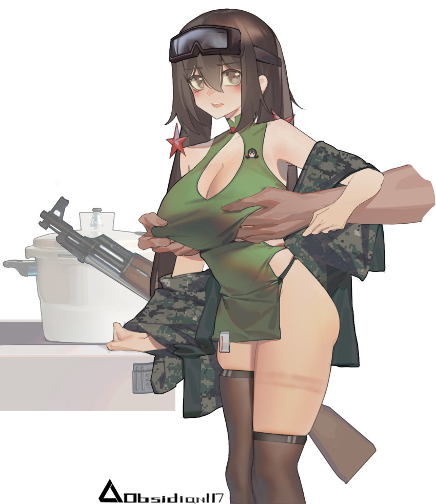 1girl artist_name assault_rifle asymmetrical_legwear blush breasts brown_eyes brown_hair camouflage camouflage_jacket cleavage cowboy_shot disembodied_limb eyewear_on_head girls'_frontline goggles goggles_on_head grabbing_another's_arm gun highres jacket kalashnikov_rifle large_breasts long_hair looking_at_viewer nipple_tweak no_panties off_shoulder open_clothes open_jacket open_mouth red_star rifle rosetta(obsidian117) star_(symbol) teeth thighhighs type_56-1_(girls'_frontline) type_56-1_(mod3)_(girls'_frontline) type_56_assault_rifle upper_teeth_only weapon white_background