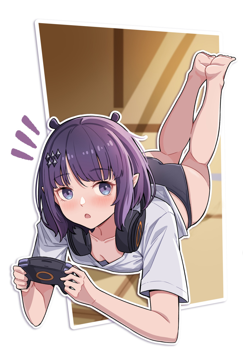 1girl absurdres barefoot black_panties blue_eyes blunt_bangs blush breasts cleavage collarbone controller feet full_body headphones headphones_around_neck highres holding holding_controller hololive hololive_english looking_at_viewer lying ninomae_ina'nis ninomae_ina'nis_(5th_costume) notice_lines nuebunny official_alternate_costume on_stomach open_mouth panties pointy_ears purple_hair shirt short_hair short_sleeves sidelocks small_breasts soles solo the_pose underwear virtual_youtuber white_shirt