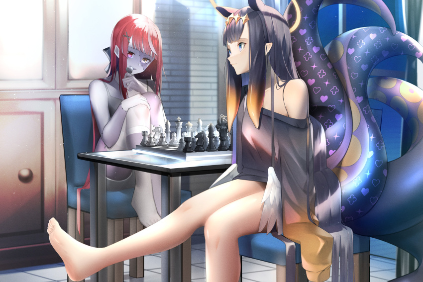 1girl absurdres alternate_costume bare_legs barefoot black_hair black_shirt blunt_bangs board_game chess colored_skin extra_ears feet foot_out_of_frame gradient_hair gradient_skirt grey_shorts grey_skin grey_tank_top hair_ornament highres hololive hololive_english hololive_indonesia indoors knees_together_feet_apart knees_up kureiji_ollie legs legs_together long_hair looking_down looking_to_the_side mouth_hold multicolored_hair ninomae_ina'nis off_shoulder on_chair patchwork_skin pero_(peroneko0510) pointy_ears purple_skin red_hair shirt short_shorts shorts sidelocks single_bare_shoulder sitting smile soles solo stitched_arm stitched_face stitched_leg stitches streaked_hair tank_top tentacles tile_floor tiles toes very_long_hair virtual_youtuber x_hair_ornament