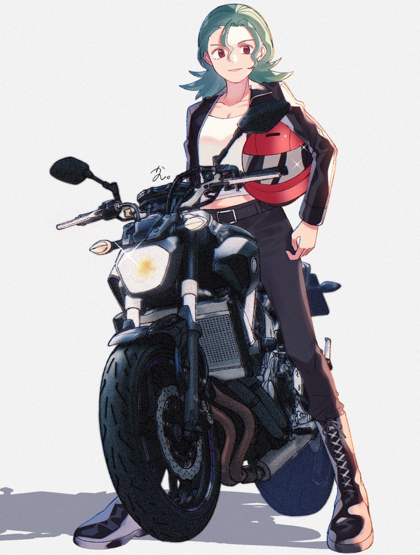 1girl alternate_costume belt black_belt black_footwear black_jacket black_pants boots brown_eyes closed_mouth commentary_request glint green_hair grey_background hair_between_eyes helmet highres jacket jenny_(pokemon) kana_(kanna_runa0620) long_sleeves loose_hair_strand motor_vehicle motorcycle open_clothes open_jacket pants pokemon pokemon_(anime) shirt smile solo standing unworn_headwear unworn_helmet white_shirt