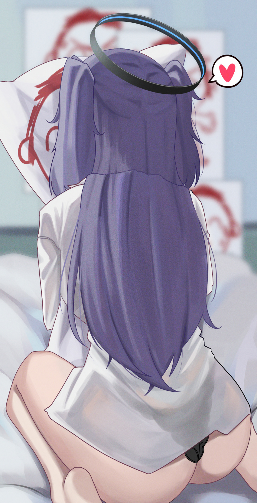 1girl absurdres arona's_sensei_doodle_(blue_archive) ass barefoot black_panties blue_archive collared_shirt dakimakura_(object) dress_shirt from_behind halo heart highres indoors kissing_object long_hair long_sleeves mcbox no_pants panties pillow purple_hair sensei_(blue_archive) shirt sitting solo spoken_heart two_side_up underwear wariza white_shirt yuuka_(blue_archive)