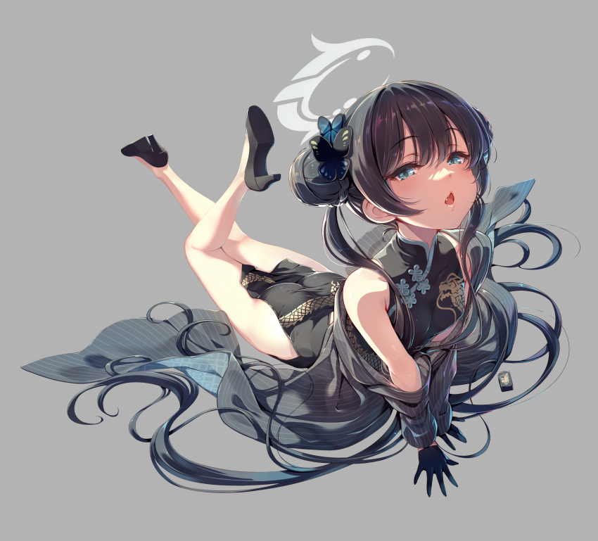 1girl absurdres black_dress black_footwear black_hair blue_archive blush butterfly_hair_ornament china_dress chinese_clothes double_bun dragon_print dress flat_chest grey_background grey_eyes grey_halo hair_bun hair_ornament halo high_heels highres kisaki_(blue_archive) long_hair looking_at_viewer lying on_stomach open_mouth simple_background solo tel-o the_pose twintails