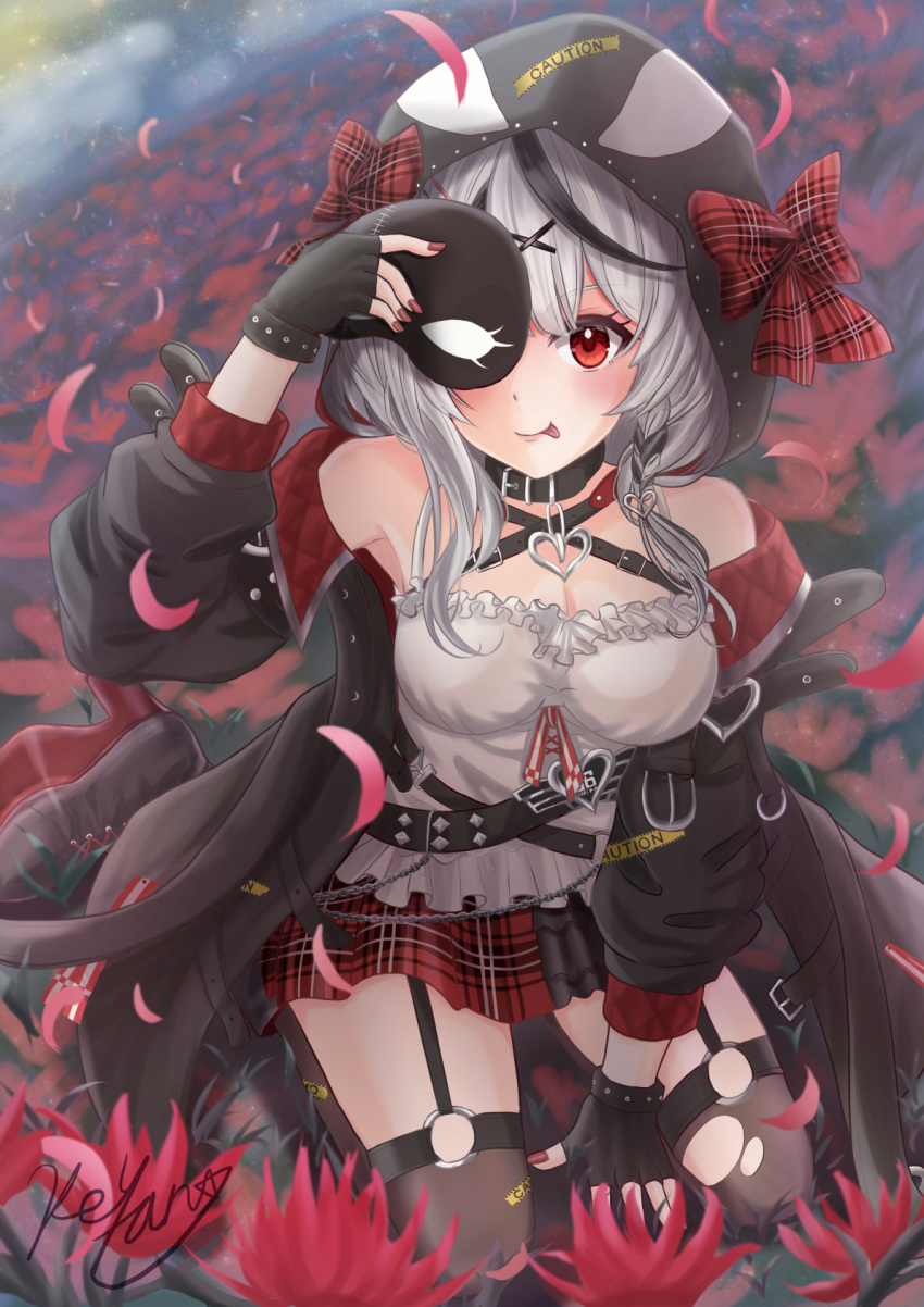 1girl animal_hood belt_collar black_collar black_garter_straps black_gloves black_hair black_jacket black_thighhighs breasts camisole collar fingerless_gloves flower garter_straps gloves grey_hair hair_ornament highres holding holding_mask hololive hood jacket keytan large_breasts looking_at_viewer mask medium_hair miniskirt multicolored_hair nail_polish orca_hood red_eyes red_flower red_nails red_skirt sakamata_chloe sakamata_chloe_(1st_costume) skirt smile streaked_hair thighhighs tongue tongue_out torn_clothes torn_thighhighs two-sided_fabric two-sided_jacket virtual_youtuber white_camisole x_hair_ornament