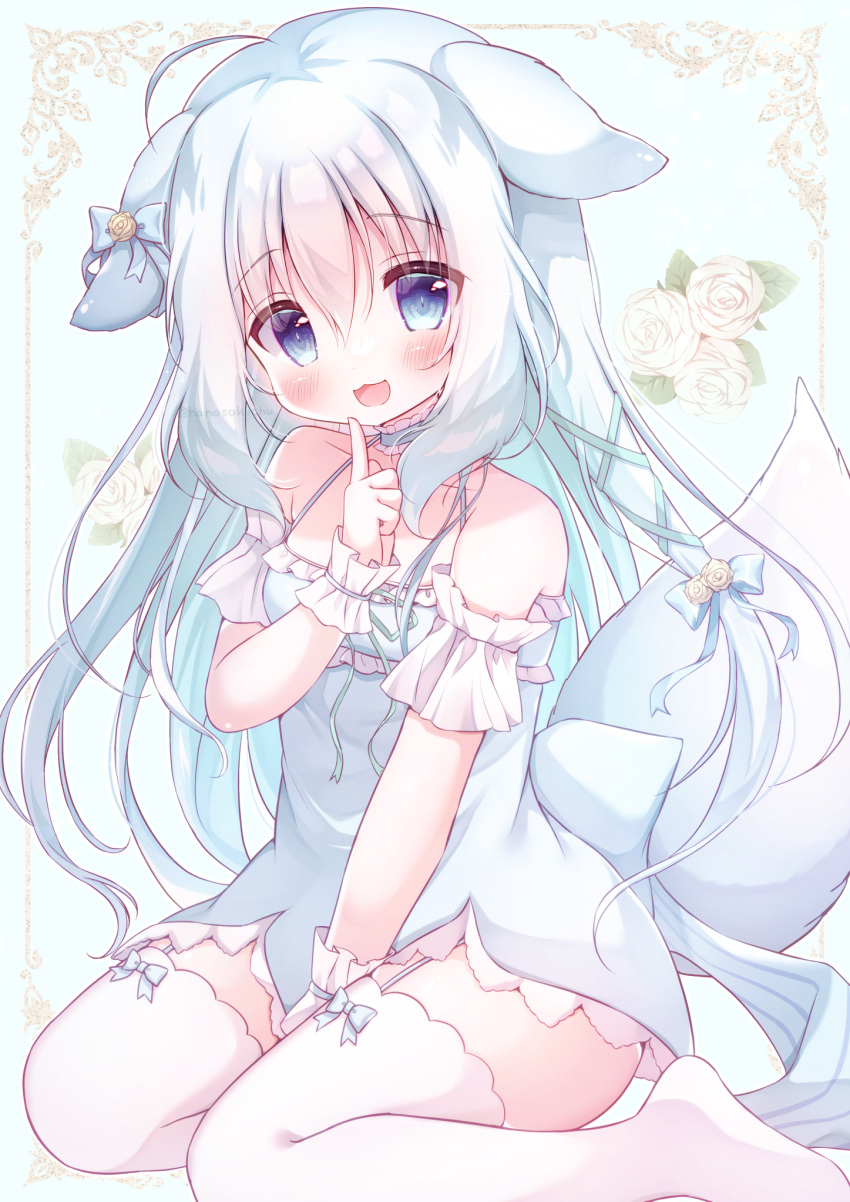 1girl :3 :d ahoge animal_ears aqua_ribbon bare_shoulders between_legs blue_bow blue_dress blue_eyes blush bow breasts detached_sleeves dress ear_bow finger_to_mouth flower frilled_dress frilled_sleeves frilled_wristband frills futaba_sharo garter_straps hair_between_eyes hair_bow hair_flower hair_ornament hair_ribbon hanasakichu hand_between_legs hand_to_own_mouth hand_up head_tilt highres light_blue_background long_hair looking_at_viewer marble_creators open_mouth ribbon short_dress short_sleeves sitting sleeveless sleeveless_dress small_breasts smile solo spaghetti_strap tail thighhighs virtual_youtuber white_flower white_sleeves white_thighhighs wristband
