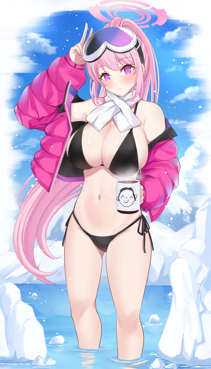 1girl absurdres arona's_sensei_doodle_(blue_archive) bikini black_bikini blue_archive blue_sky breasts cloud coat coffee coffee_mug cup day eimi_(blue_archive) eimi_(swimsuit)_(blue_archive) halo highres holding holding_cup ice iceberg large_breasts long_hair long_sleeves looking_at_viewer mug navel ocean official_alternate_costume open_clothes open_coat outdoors parted_lips pink_coat pink_hair pink_halo ponytail scarf sensei_(blue_archive) setokun side-tie_bikini_bottom sky solo standing swimsuit v white_scarf
