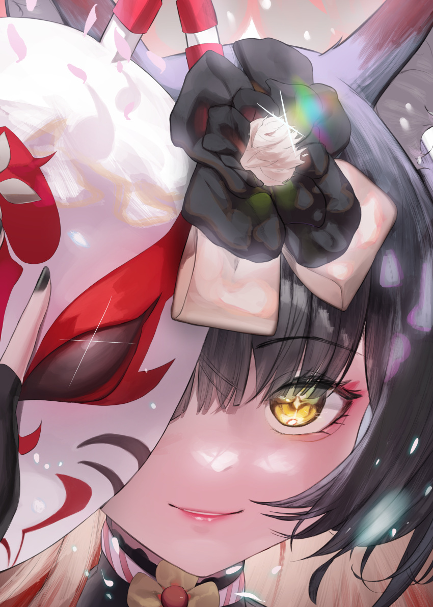 1girl absurdres animal_ears black_gloves black_hair black_nails blue_archive close-up eyeliner fingernails fox_ears fox_mask gloves halo highres kenka_(user_hrjm2543) lips long_hair looking_at_viewer makeup mask nail_polish open_mouth red_eyeliner red_halo smile solo wakamo_(blue_archive) yellow_eyes