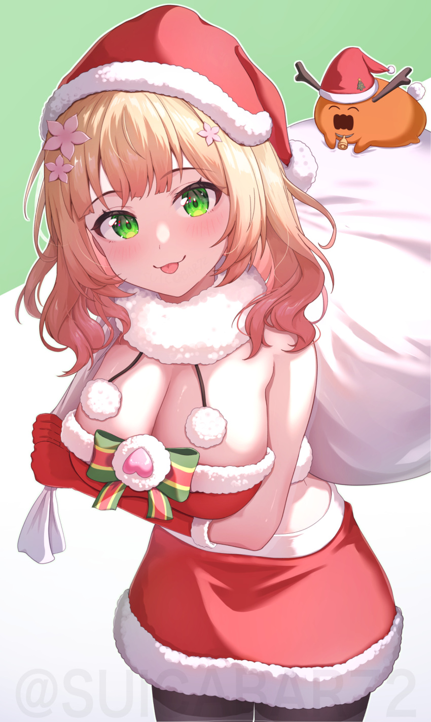 1girl :3 :p bare_shoulders bell blonde_hair blunt_bangs blush bob_cut box breasts christmas cleavage commentary_request cowboy_shot dress flower fur-trimmed_dress fur-trimmed_headwear fur_trim gift gift_box gloves green_eyes hair_flower hair_ornament hat highres holding hololive large_breasts long_hair looking_at_viewer medium_hair momosuzu_nene neck_bell pantyhose red_gloves red_headwear sack santa_costume santa_hat smile solo suicabar72 tongue tongue_out virtual_youtuber