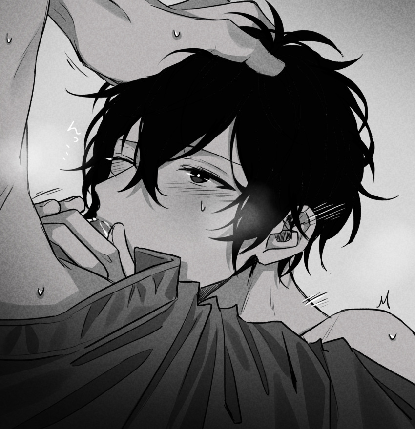 2boys absurdres black_hair blush cum cum_in_mouth given greyscale hand_in_another's_hair highres kaji_akihiko looking_up male_focus messy_hair monochrome motion_lines multiple_boys murata_ugetsu nude one_eye_closed oral pinoli_(pinoli66) short_hair sound_effects sweatdrop yaoi