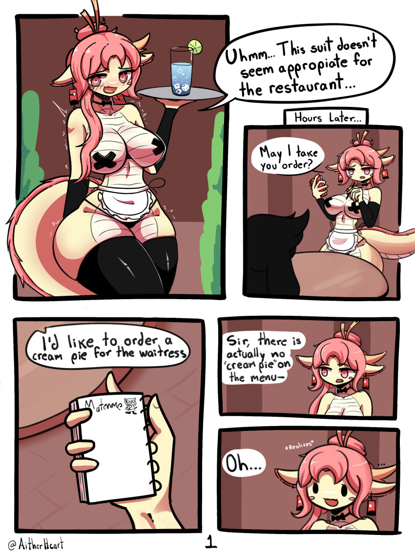 absurd_res aitherheart anthro big_breasts bow_tie breasts clothing comic dialogue dragon duo female hair hi_res legwear mostly_nude panties pink_eyes pink_hair restaurant ryuhime solo speech_bubble text thigh_highs underwear waiter yellow_body