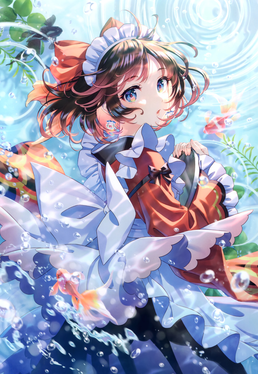 1girl absurdres ahoge air_bubble animal blush bow brown_hair bubble clownfish detached_sleeves earrings fish frills gradient_clothes green_eyes hair_bow hair_ornament highres holding japanese_clothes jewelry kimono lips long_sleeves looking_at_viewer maid_headdress morikura_en open_mouth original scan short_hair simple_background skirt tray underwater water wide_sleeves